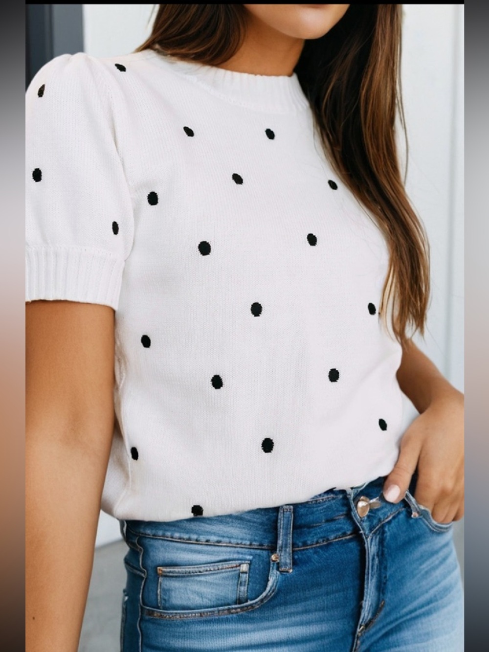 LA Society White Elegant Polka Dot Bubble Short Sleeve Sweater Top